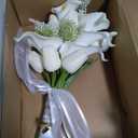 Floral Bouquet 10 Artificial Calla Lilies with 8 Artificial Tulip Flowers, Bridesmaid Bouquet with Wedding Ceremony Festivals Anniversary Bridal Rehearsal Party Bar Table Decor (White)