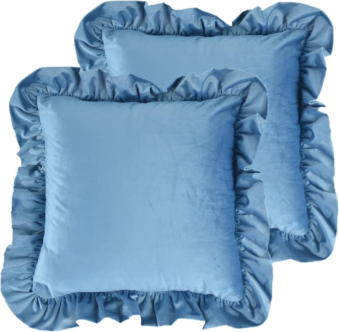 Velvet Ruffle Throw Pillow Covers Couch, Set of 2 Decorative Pillowcases with Ruffles 20x20 Inch Solid Color Shabby Chic Farmhouse Cushion Cover for Living Room Sofa Bed, Slate Blue