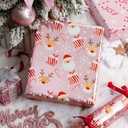 Burymento Christmas Wrapping Paper, Reversible Pink Christmas Tree, HO Santa Laughter, Snowflake, Reindeer, Design Gift Wrapping Paper Suitable for Holiday, Mini Roll (17 Inch X 120 Inch)