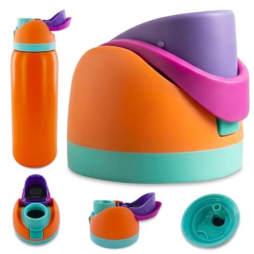 Water Bottle Replacement Lids – Compatible with 16oz, 24oz, 32oz & 40oz Bottles – 2-in-1 Drinking Options | One-Button Flip Water Bottle Top Replacement with Leak-Resistant Seal (Orange/Purple) Pack of 2
