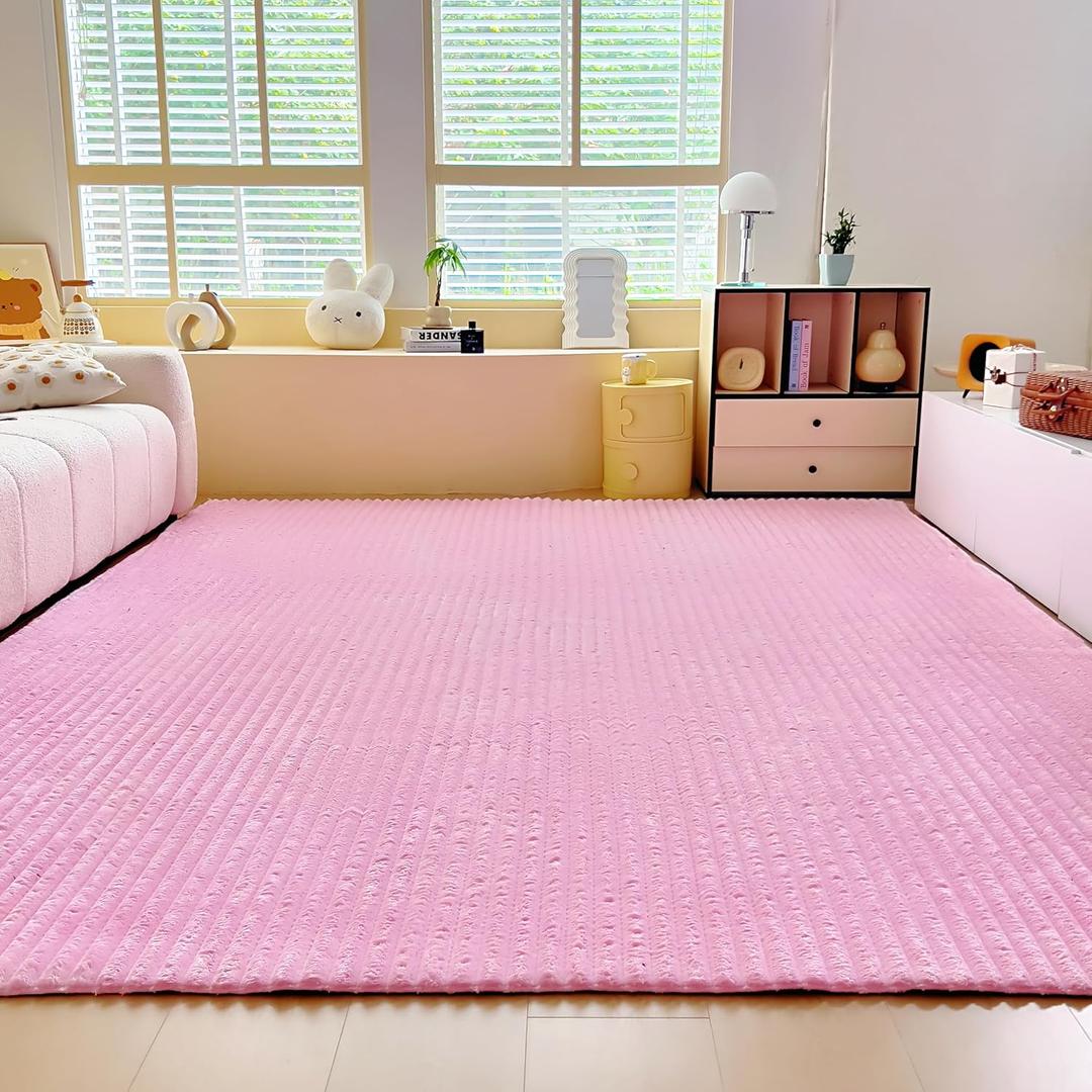 Light Pink Faux Fur Striped Plush Area Rug for Bedroom Living Room Sofa,6'x9' Fluffy Shaggy Rectangular Square Rug for Kids Teen Girls Room,Furry Carpet Rug for Nursery Baby Room