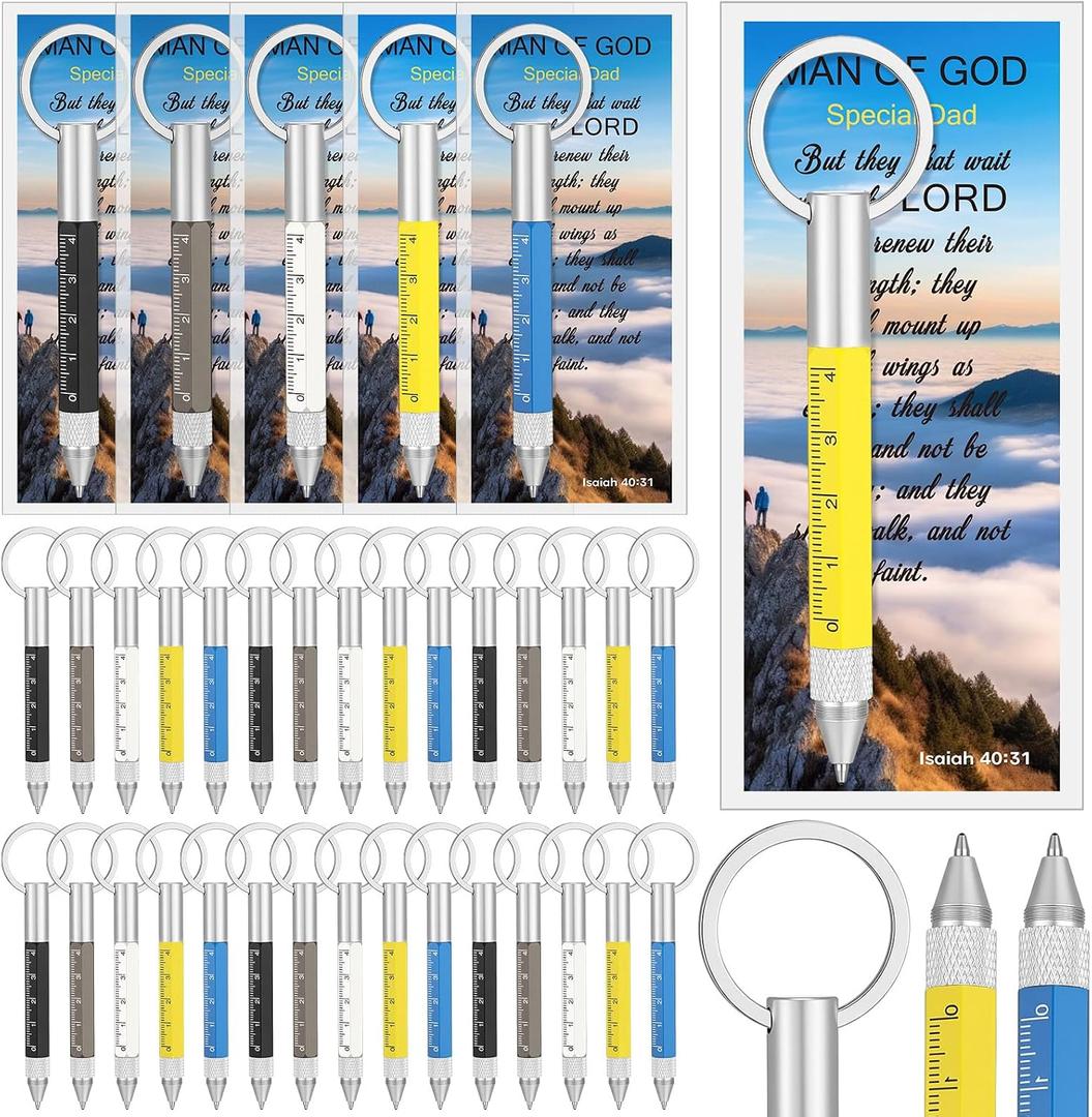 30 Sets Father Day Christian Church Gifts Bulk Man of God Gift for Men 6 in 1 Multi Tool Pen Keyring Screwdriver Pen with Bible Verse Bookmarks for Father's Day Men Pastor Dad Husband Birthday