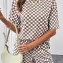 SHEWIN Women's Plaid 2 Piece Short Sets 2026 Lounge Beach Travel Vacation Outfits Matching Shorts Sweatsuit with Pockets (M)