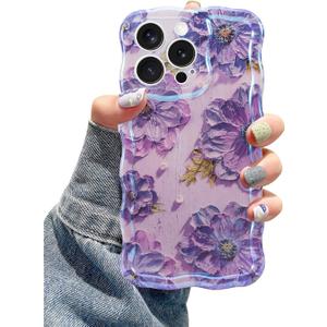 Jusy Compatible with iPhone 15 Pro, Colorful Retro Oil Painting Printed Flower Laser Glossy Pattern Cute Curly Wave Phone Case Soft TPU Cover for Girly Women -Purple