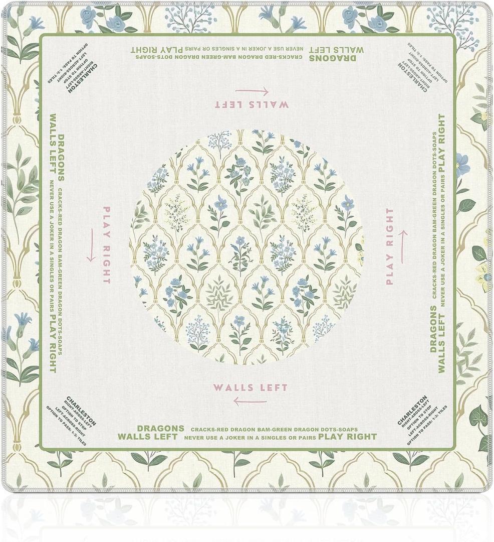 Grandmillennial Blue and Green Floral Mahjong Mat (31.5x31.5), Chinoiserie Trellis Floral Non-Slip Noise Reduction Mahjong Table Mat for American Mah Jong Poker Board Games Card Games Dominoes, 80 cm x 80 cm x 3 mm