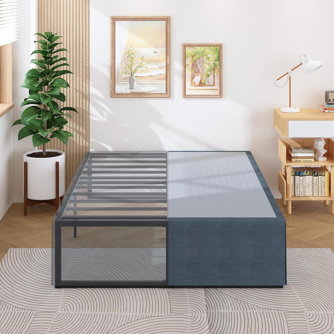 18 Inch King Bed Frame with Storage Bed Cover Skirt, Heavy Duty Metal Full Platform Bed Frame No Box Spring Needed, Easy Assembly, Noise Free, Black and Blue