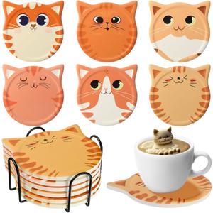 Meanplan Funny Cat Coasters for Drink for Lovers Ceramic Coasters with Cork Bottom and Metal Holder for Bar Office Dining Coffee Table Desk Decor 4.25 Inch(Pute Cat Style,6 Pcs)