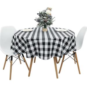 Buffalo Plaid Round Tablecloth 60 Inch Black White Classic Gingham Check Table Cloth Polyester Cotton Fabric Rustic Table Cover for Dining Room Kitchen Party
