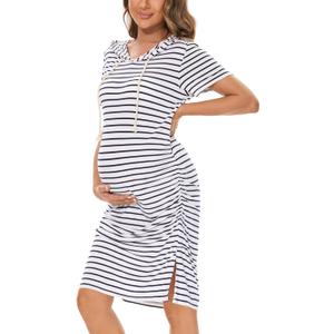 Women's Maternity Hoodie Dress Short Sleeve Split Side Ruched Pregnancy Clothes, White Navy Stripe, 2XL