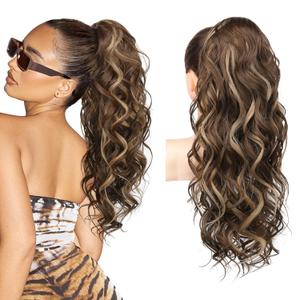 REECHO Ponytail Extension, 24" Claw Clip Ponytail Extension Wavy Ponytails Hair Extensions Jaw Clip on Pony Tails Natural Synthetic Hairpiece for Women Daily, Chestnut Brown with Golden Highlights