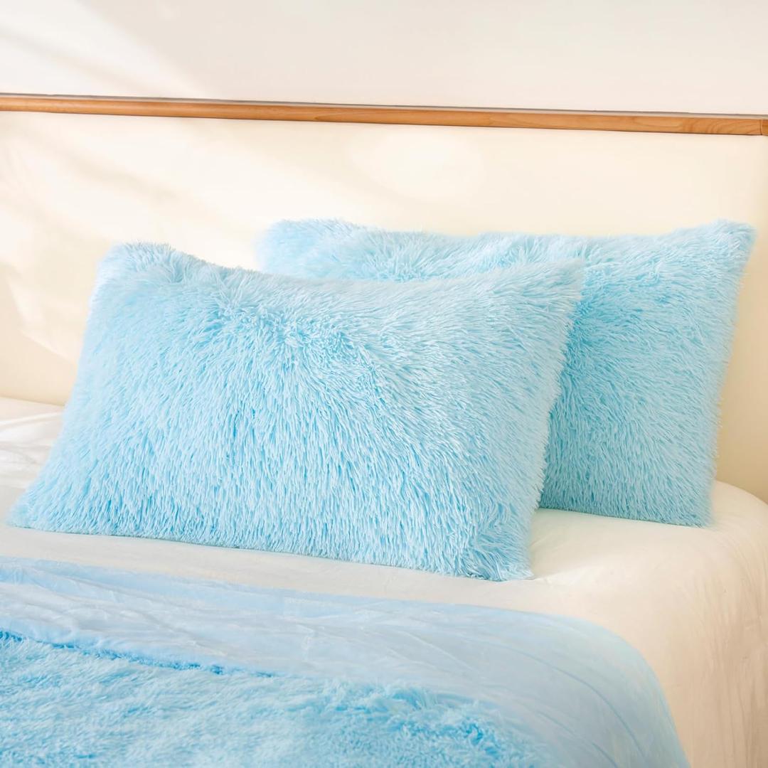 Faux Fur Fluffy Fuzzy Plush Blue Pillow Case Set of 2, Soft Decorative Pillow Covers for Bed, Bedroom, Living Room, Zipper Closure, Standard Size (20"x26", Blue)