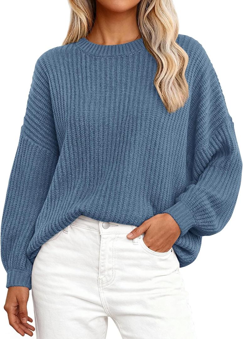 PRETTYGARDEN Fall Sweaters for Women 2025 Fashion Long Sleeve Casual Ribbed Knit Winter Clothes Pullover Jumper Tops (Grey Blue, Medium)
