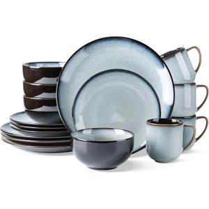 LERATIO Ceramic Dinnerware Sets for 4,16-Piece Reactive Glaze Plates and Bowls Set with Mugs,Highly Chip and Crack Resistant | Dishwasher,Microwave & Oven Safe Dishes set-Gray White