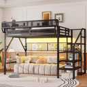 KEIKI Queen Size Metal Loft Bed Frame with Grid & Staircase & Built-in Storage Shelves & Wardrobe, Loft Bed with Solid Slats & Guardrail, No Box Spring Required, Easy Assembly, for Bedroom, Black