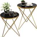 HLR Modern Round Side Table Set of 2, End Table with Marble Effect Top and Gold Metal Frame, Small Side Table for Living Room, Bedroom, Sofa and Couch, Gold Legs, Black Glass top