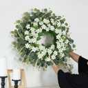 26" Daisy & Eucalyptus Wreath for Front Door, Porch, Window - Large Artificial Silk Flowers Outdoor Wreath for Home, Farmhouse Decor - Spring, Summer, Fall, All Seasons (White & Green)