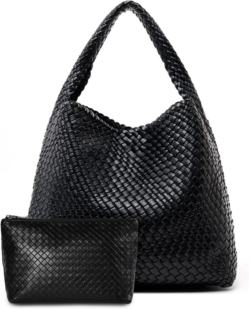 Large Woven Tote Bag for Women Weave Purse Woven Leather Handbag (Black)