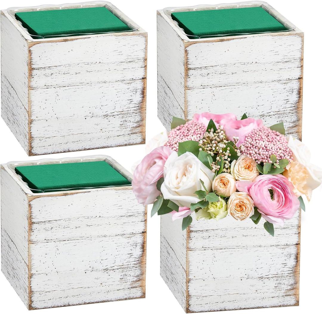 Dandat 4 Sets Wooden Boxes for Centerpieces Wood Cube Planter Box Rustic Square Vases with Removable Plastic Liner Floral Foam Blocks for Christmas Home Wedding Garden Decor