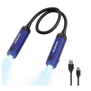 WORKPRO Rechargeable Neck Light for Hands-Free Lighting, 3 Brightness Levels 300 Lumens Neck Light, Bendable Silicone Arm, Great for Mechanics, Reading, Camping, DIY Projects, Crafting, Blue and Black