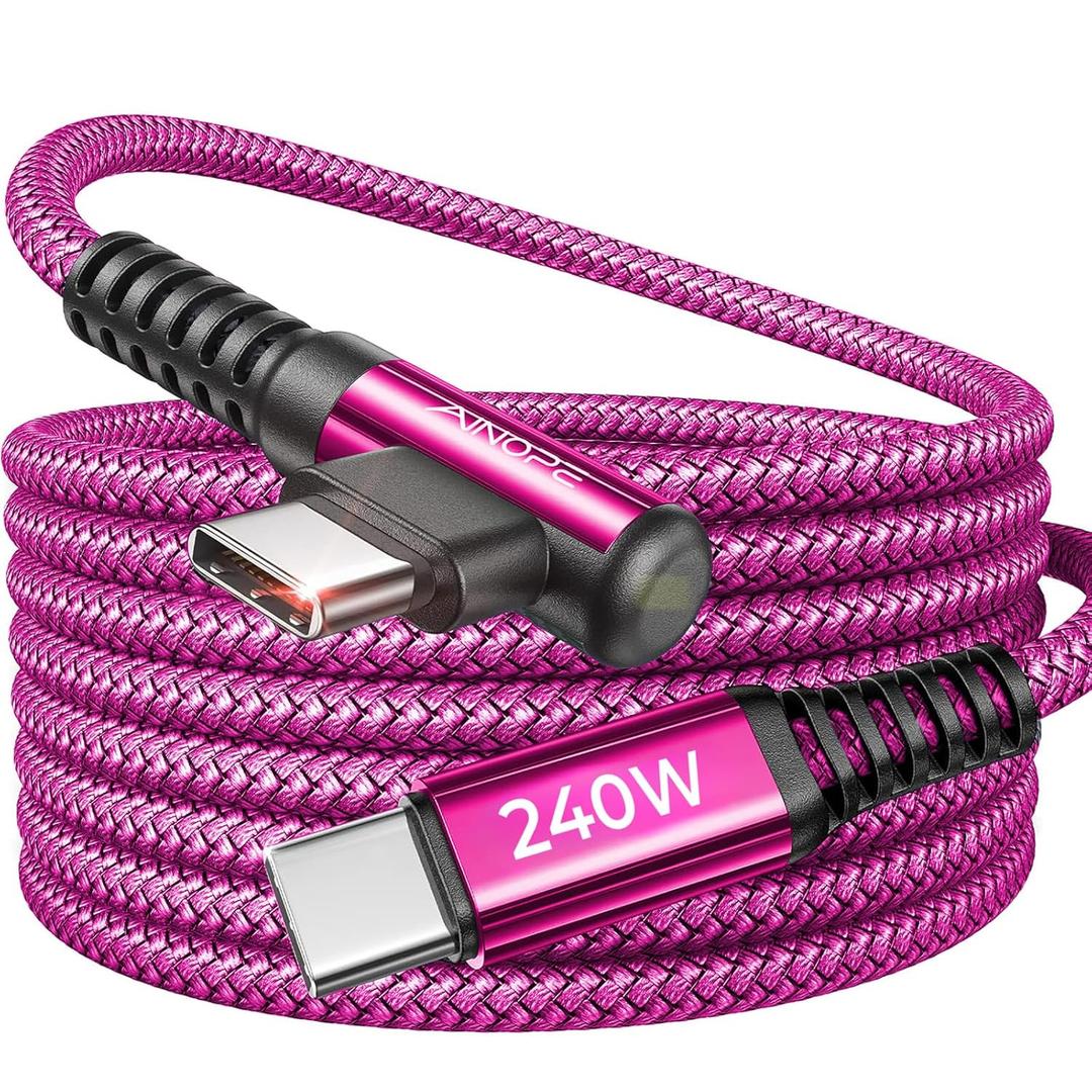 AINOPE 240W USB C to USB C Cable Fast Charging 15FT,Right Angle Fast Type C Charging Cable Fits iPhone 16 Pro Max Plus,iPhone 15,MacBook Air/Pro,iPad Pro,Samsung,Pixel,All Devices, Rose Red, 1 Pack