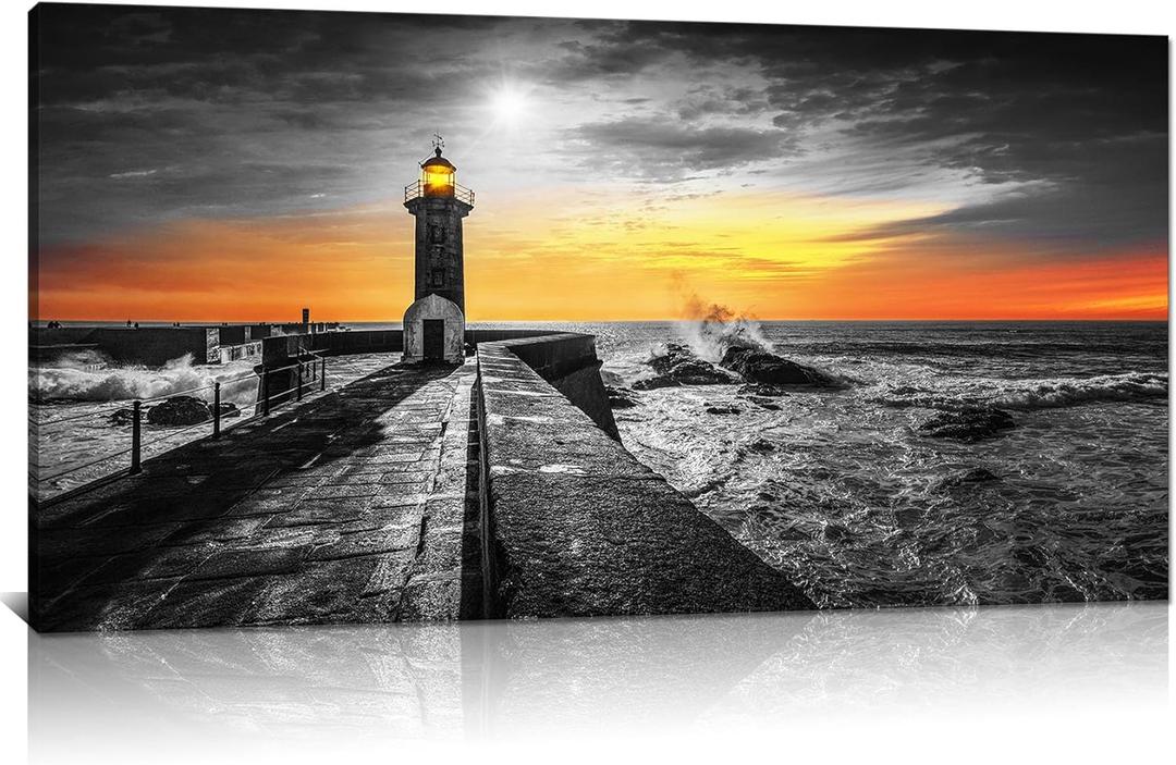 Kalormore Black and White Lighthouse Wall Art Coastal Sunset Picture Ocean Seascape Canvas Prints Landscape Beach Nature Paintings Living Room Bedroom Skyline Nautical Scenery Artwork