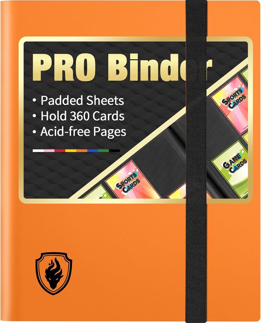 Heavy Duty Card Binder, Fabmaker 9 Pocket Trading Card Binder Holds 360 Cards, Sleek Side-Loading Card Album, Sturdy Card Collection Folder for Game Cards, Sport Cards, Orange