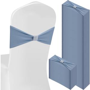 Hahafelt 100 Pcs Spandex Chair Sashes Bows with Rhinestone Ring Buckle Slider Elastic Universal Bowknot Chair Cover Bands Ties for Wedding Banquet Ceremony Event Party Decoration (Dusty Blue)