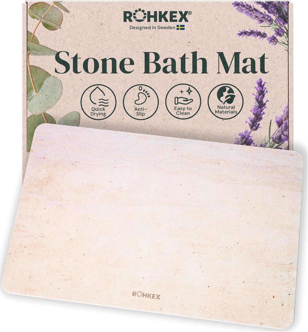 Stone Bath Mat Diatomaceous Earth Bath Mat (Beige) - Non-Slip, Absorbent, Quick-Dry, Easy-to-Clean for Bathroom & Shower - Soft Touch - Natural - 24x15 - Bathroom Accessories