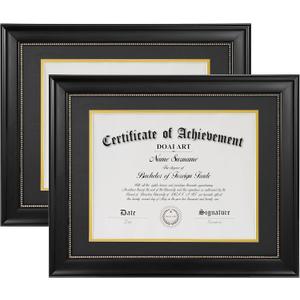 DOAI ART 8.5 x 11 Diploma Frame Set of 2 Classic Black with Blue and Gold Double Mat or Displays Document & Certificate 11x14-inch Without Mat, Wide Molding, Gold Beads Hanging Hardware Included, Tabletop