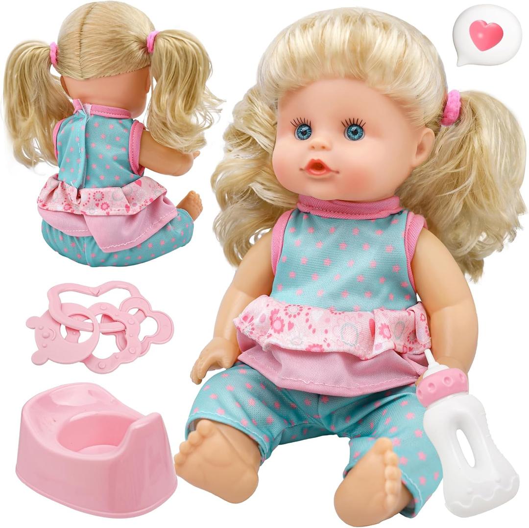SMILESSKIDDO Baby Doll, 12 inch Interactive Talking Doll with Hair, Bottle, Soft Vinyl Body and Other Accessories, Realistic 12 Sound Modes & Pee Function  Perfect Pretend Play Toy for Toddlers (Pink)