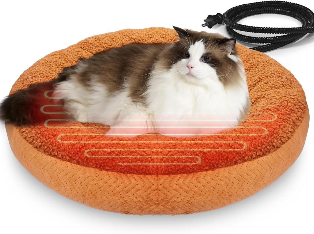 Heated Cat Beds for Indoor Cats Warming Cat Beds Super Soft Machine Washable Thermo Kitty Electric Heating Bed 19 Inches Round (Brown)