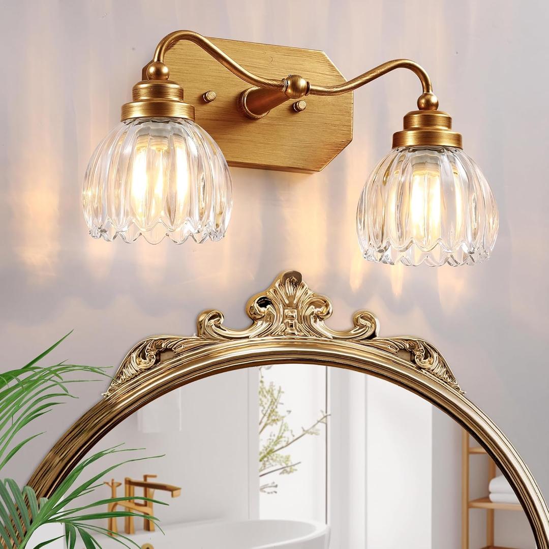Vintage Bathroom Light Fixtures, 2 Light Gold Bathroom Vanity Light, Matte Antique Brass Finish with Crystal Glass Shade, Wall Sconces Lighting for Bedroom, Living Room, Hallway