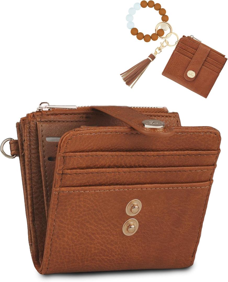 Small Wristlet Wallets for Women Keychain Wristlet Wallet RFID Blocking Key Chain Wallet With Zipper Coin Pocket,2 Id Window (Brown)