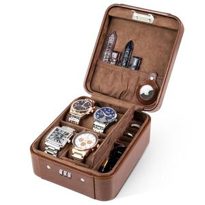 KAMIER Watch Case with Combination Lock - 4 Watch Storage and Jewelry Organizer - Watch Travel Case for Ring and Watch Storage, PU Leather Travel Watch Case, Ideal for Gift (With Gift Box), Brown