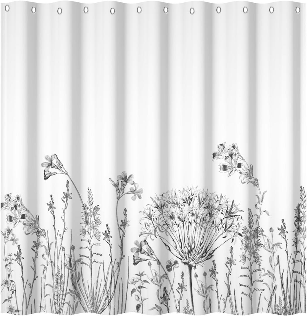 Yeele 72x72 Inch Floral Shower Curtain Vintage Grey White Plant Flower Bath Sets Monotony Farmhouse Bathroom Set for Home Dormitory Waterproof Bathroom Curtains with Hooks (Yts00713)