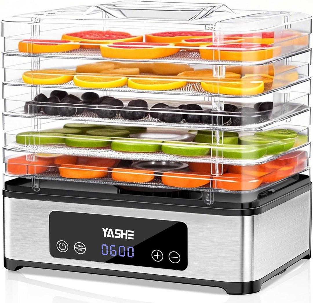 YASHE Food Dehydrator Machine, 5 Stainless Steel Trays Food Dryer, 48H Timer and Temperature Control, Recipes Book Included, 420W Dehydrators for Food and Jerky, Herbs, Meat, Fruit, Dog Treats