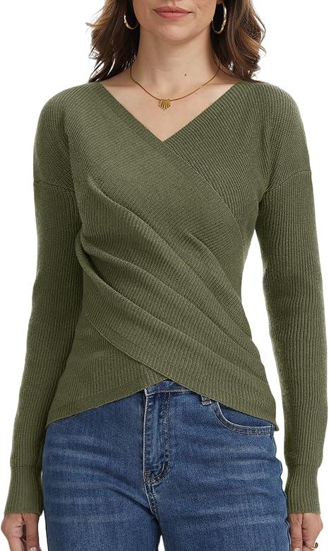 Wrap Criss Cross Sweater for Women, V Neck Ruched Pullover Off Shoulder Long Sleeve Fashion Fall Casual Tops Military Green, XL