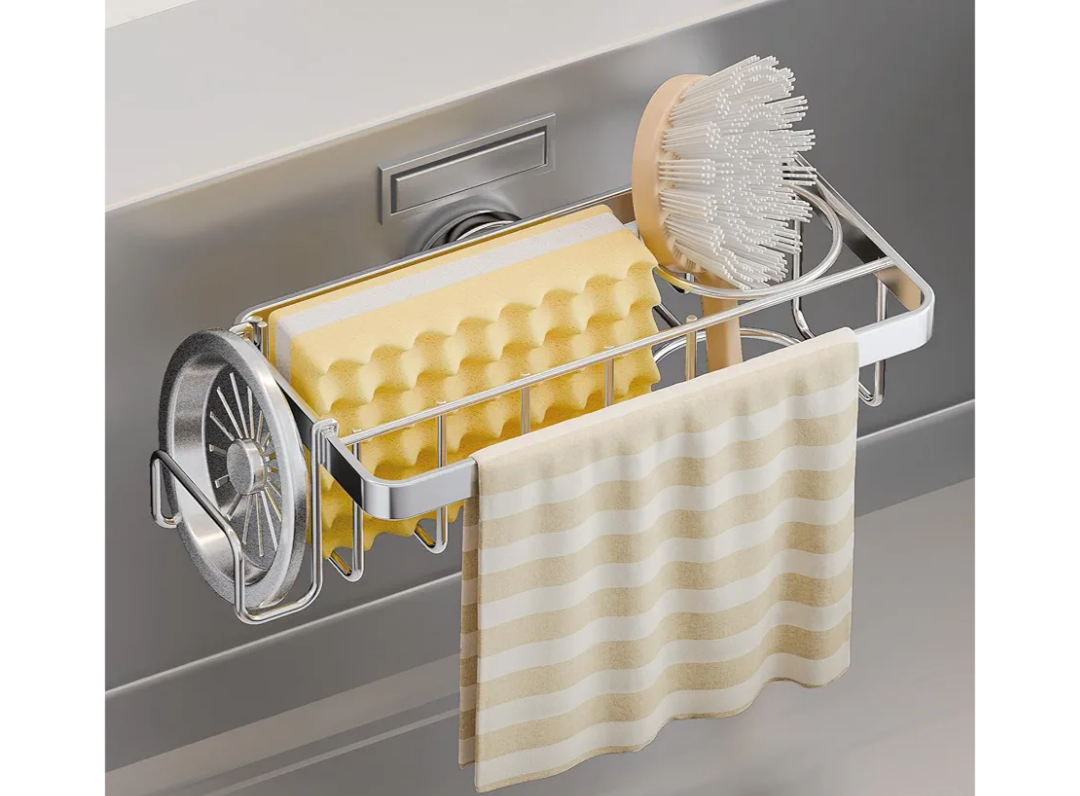 TAILI Sponge Holder with Strong Suction Cup, 4-in-1 Rustproof Sink Organizer - Sink Caddy Holds Sponges, Brushes, Stoppers & Scrapers -Silver