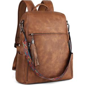 FADEON Leather Laptop Backpack for Women Designer 15.6 inch PU Laptop Bag, Ladies Travel Computer Work Backpack Brown