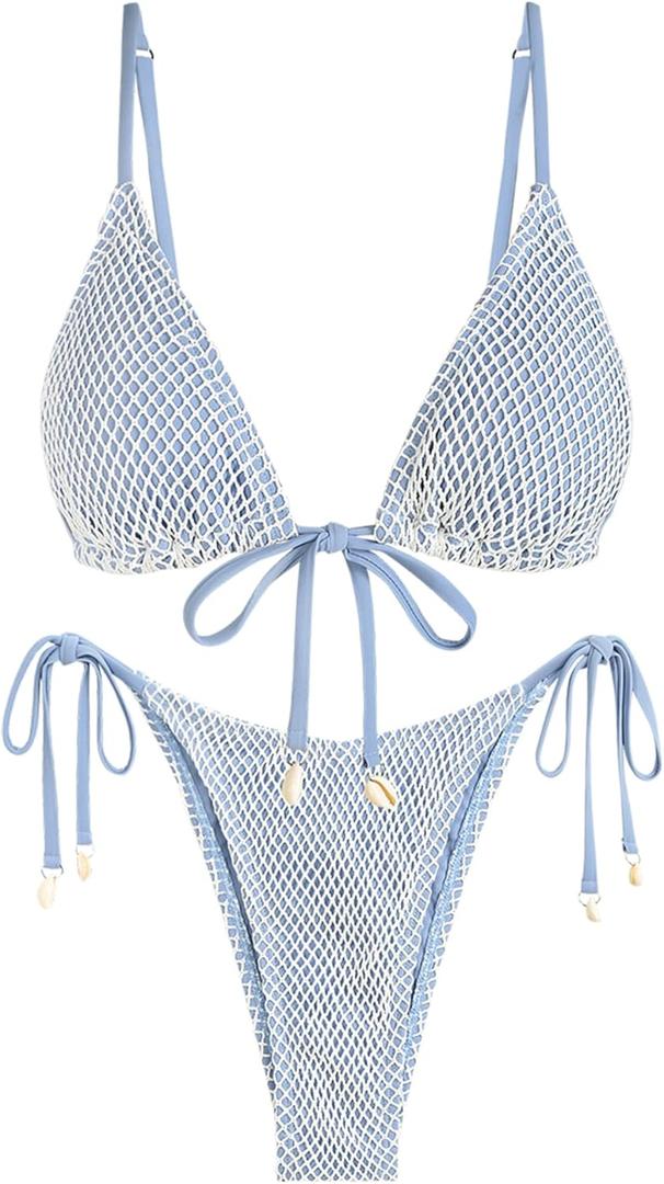 ZAFUL Women Triangle String Two Piece Bikini Fishnet Mesh Tie Shell Decor Tanga 2 Piece Swimsuit (Large, 1-light Blue)