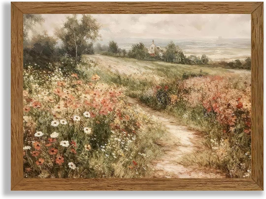 Wojuin Framed Vintage Cottagecore Canvas Wall Art, Landscape Nature Country Wildflower Wall Decor, Farmhouse Modern Rustic Fall Flower Artwork Prints for Living Room Bedroom Bathroom Office 16x24 in (Path)