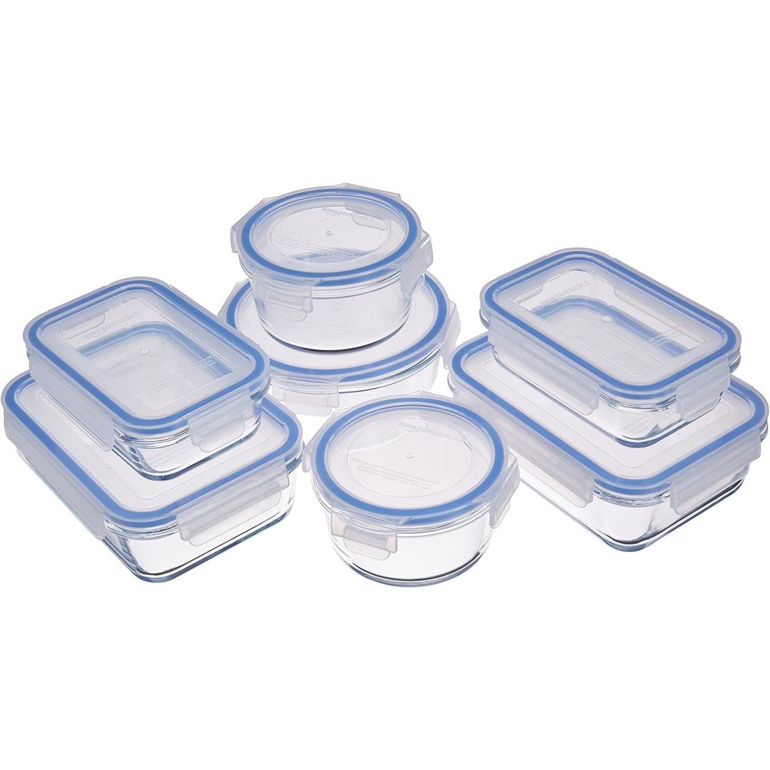Amazon Basics Leak-Proof Glass Locking Lids Food Storage Containers, 14-Piece Set, 7 Count of Bases and 7 Plastic Lids, Clear, Blue, BPA Free