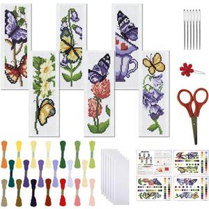 FREEBLOSS 6 Set Bookmark Cross Stitch Kits Stitch Bookmark Cross Stitch Kits with Instructions Butterfly Pattern Cross Stitch Kit for Beginners Bookmark Making Kit for Gift (Purple)