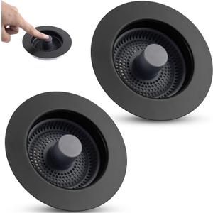 Hygie Rinse 3 in 1 Kitchen Sink Drain Strainer Stopper Combo, 2PCS Matteblack Stainless Steel Shell Pop Up Sink Stopper for US Standard 3-1/2 inch Drain Filter, Anti-clog and Easy Clean