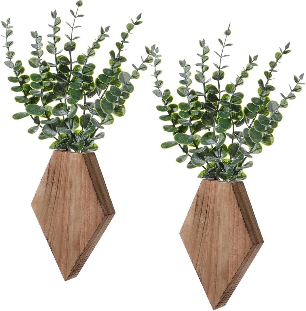 Chunful 2 Pcs Wooden Wall Planter Decor Hanging Fake Plants Greenery Flowers Holder Vase Boxes for Wall Farmhouse Bohemian Living Room Bedroom Kitchen Office Indoor Decoration (Wood Color)
