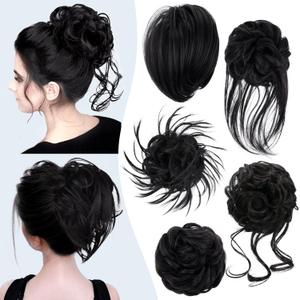 HMD 5 Pieces Messy Hair Bun Hairpiece Tousled Updo for Women Hair Extension Ponytail Scrunchies with Elastic Rubber Band Long Updo Messy Hairpiece Hair Accessories Set for Women 1B (Black)