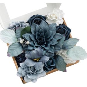 Ling's Moment Fake Flowers Box, Artificial Faux Greenery Stems Foam Dahlia Silk Hibiscus for Wedding Decor Centerpieces Table Decorations Floral Picks Arrangements, Dusty Blue, Mini Combo