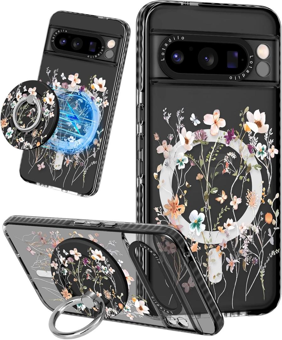 Lotadilo Cute for Google Pixel 8 Pro Case - Compatible with Magsafe Magnetic Ring Holder Stand Kickstand for Women Girls Girly Funny Fashion Pretty TPU Phone Covers Dried Flower Design