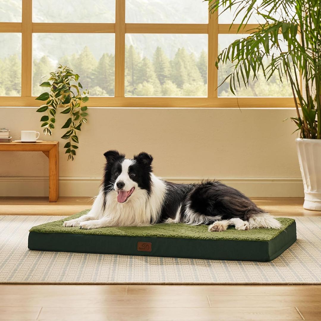 Bedsure Dog Beds Large Sized Dog - Comfy Flat Pet Beds with Removable Washable Cover, Orthopedic Egg Crate Foam Puppy Mat, Suitable for Pet Up to 65 lbs (36"L x 27"W x 3"Th, Dark Green)