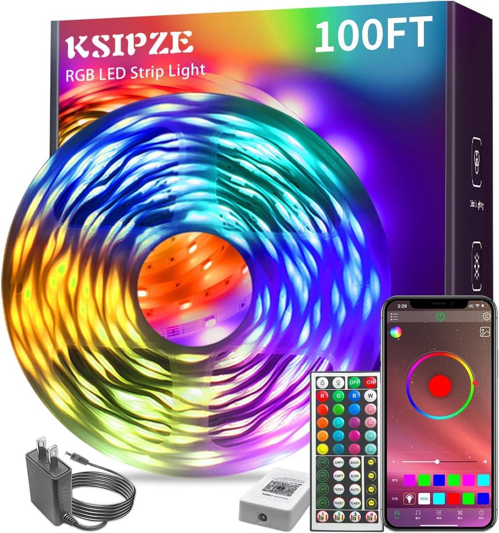 KSIPZE 100ft Led Strip Lights RGB Music Sync Color Changing Bluetooth Led Lights with Smart App Control Remote Led Lights for Bedroom Room Lighting Flexible Home Dcor